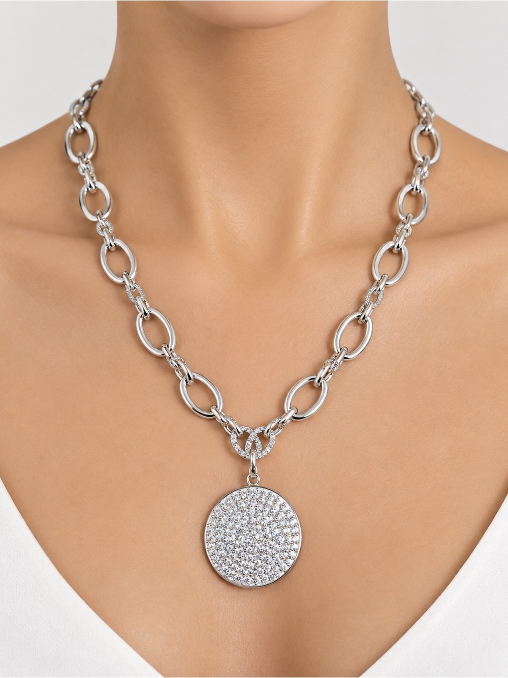 FAC Pave Crystal Pave Silver Tone Statement Necklace​​